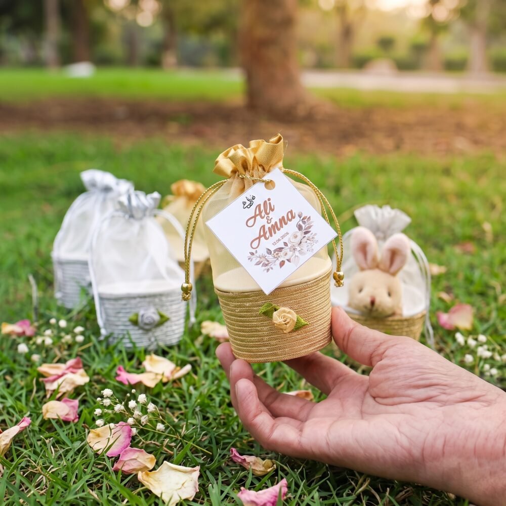 Golden Cup shaped wedding bid boxes with tags